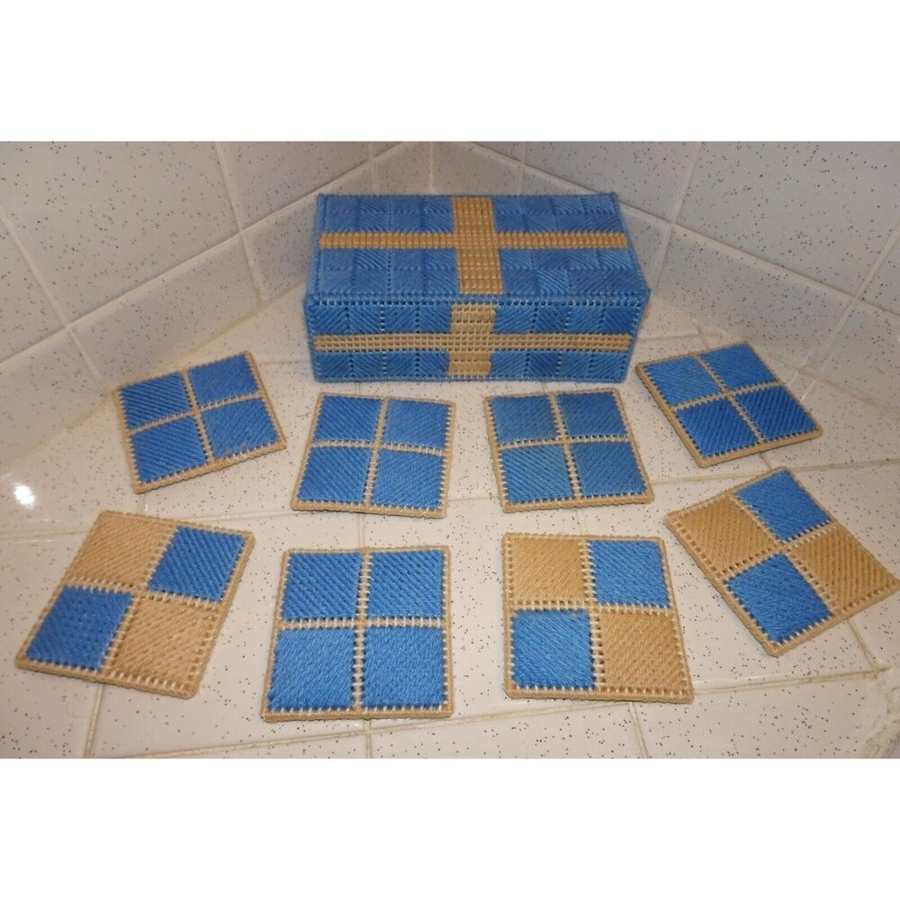 Vintage Blue Plastic Canvas Coaster Set 8 with Holder needlepoint handmade retro